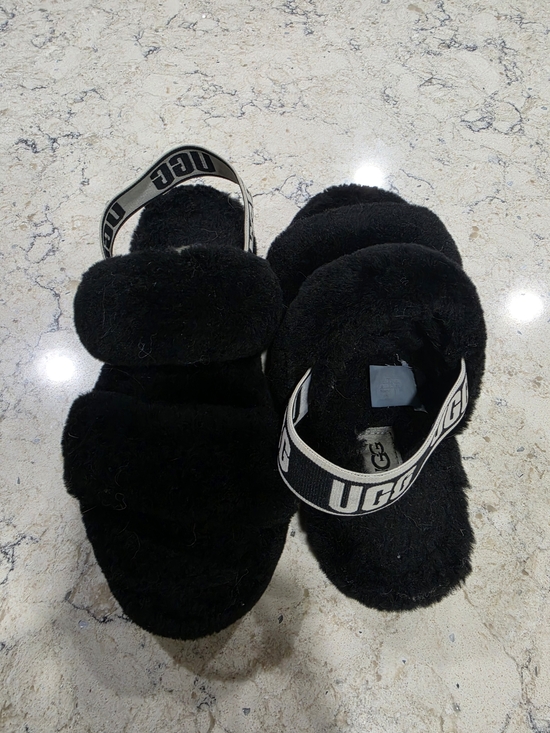 UGG Shoes - UGG Black Fluffy Slide Sandals with Branded Strap